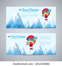 Travel design flyer template set paper art concept of hot air balloon in sky with clouds over mountains. Vector travel origami paper cut horizontal banners set