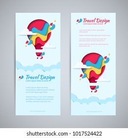 Travel design flyer template set paper art concept of hot air balloon in sky with clouds. Vector travel origami paper cut vertical banners set