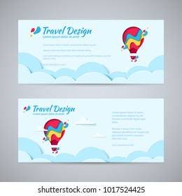 Travel design flyer template set paper art concept of hot air balloon in sky with clouds. Vector travel origami paper cut horizontal banners set