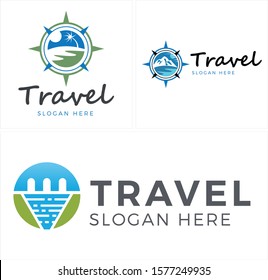 Travel design logo with icon compass element mountain palm tree water and sun vector suitable for holiday hotel family sea