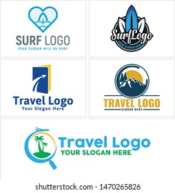 Travel design logo surfing board mountain and plane illustration vector suitable for holiday surf sea family