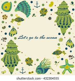Travel design. Ocean backdrop. Vector. Typography label Lettering. Sea live template design, vector set. Sea time card with sea wildlife, place your text inside the label.