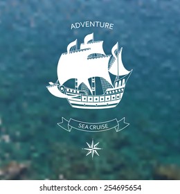Travel design. Ocean backdrop.Logo, vector illustration. Editable. Blurred.