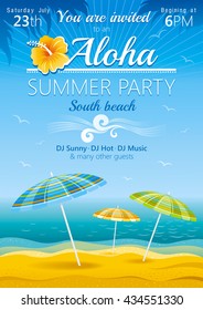 Travel design with sea, umbrellas, hibiscus flower and palm leafs for hawaiian beach party