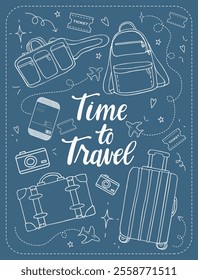 Travel design set with hand written lettering and doodle style elements. Vector illustration with suitcase, backpack, bag, boarding pass, camera and planes line art. 