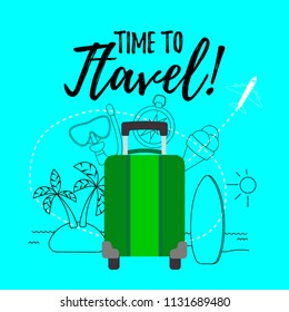 Travel design. Space for text. Time to travel banner. Vector illustration of a suitcase decorated vacation objects isolated on blue.