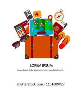 Travel design. Space for text. Vector illustration of a suitcase decorated vacation objects isolated on white.