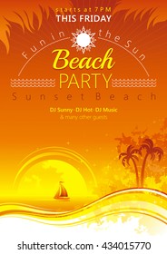 Travel design with sunset sea, yacht and palm leafs for beach party