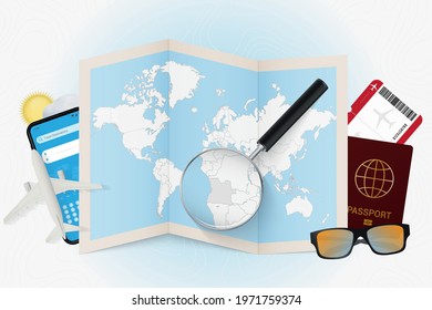 Travel Destination Angola, Tourism Mockup With Travel Equipment And World Map With Magnifying Glass On A Angola. Trip Template.