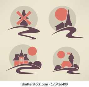 travel destination, attraction and landscape, vector set