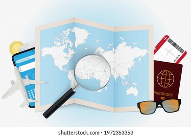 Travel destination Benin, tourism mockup with travel equipment and world map with magnifying glass on a Benin. Trip template.