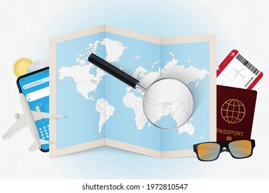 Travel destination Bhutan, tourism mockup with travel equipment and world map with magnifying glass on a Bhutan. Trip template.