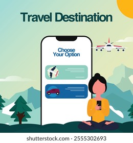 Travel destination. Travel destination booking app, website template with a smartphone having options to plan your tour, a girl sitting holding phone, aeroplane, mountains. Plan and choose your spot.