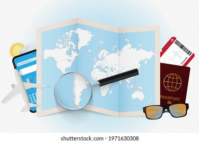 Travel destination Chile, tourism mockup with travel equipment and world map with magnifying glass on a Chile. Trip template.