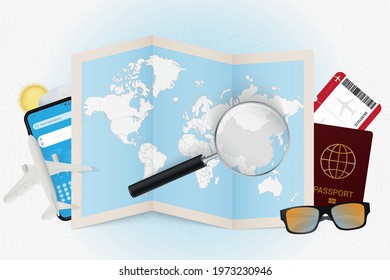 Travel destination China, tourism mockup with travel equipment and world map with magnifying glass on a China. Trip template.