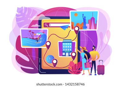 Travel destination choosing, accommodation booking system. Tour navigator, event management mobile app, smart trip navigation online concept. Bright vibrant violet vector isolated illustration