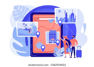 Travel destination choosing, accommodation booking system. Tour navigator, event management mobile app, smart trip navigation online concept. Pinkish coral bluevector isolated illustration