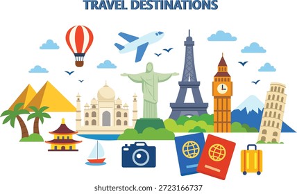 Collage de destino de viaje. Composición de viajes con famosos Lugares famosos mundiales. Ilustración vectorial. Turismo de verano y concepto de vacaciones. Anuncio, cartel, mapas, recuerdos Elementos de diseño