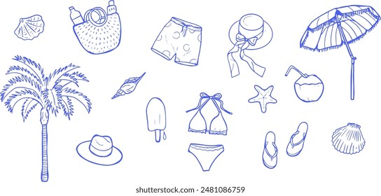 Colección de destino de viaje. Conjunto de vacaciones de verano dibujado a mano con equipaje, helado, trajes de baño y sombrillas de playa. Ilustración de línea azul. Diseño para la etiqueta engomada del turismo y lista de embalaje.