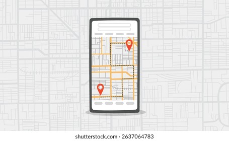 Travel destination concept banner. Smart phone screen with route and points of destination on the city streets background. Flat vector illustration.