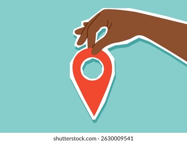 Clipart de conceito de destino de viagem. Pino de localização segurando a mão. Conceito de navegação, viagem, viagem. Fundo desenhado à mão do vetor.