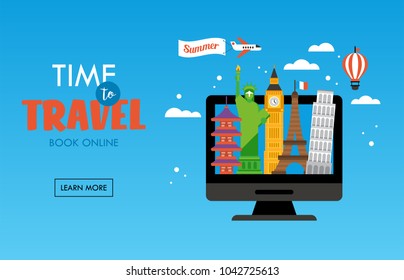 Travel destination concept with computer and famous landmarks around the world 