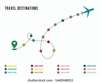 Travel destination concept. Dashed line with 12 options for stops and flat airplane icon. Reaching your target goal illustration idea in different colors..