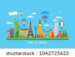 Travel destination concept with famous landmarks around the world 