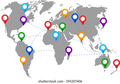 Travel destination concept. Pin on earth. Navigation. Monochrome Grey similar Worldmap template for website, design, cover, annual reports, infographics