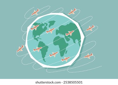 Conceito de destino de viagem. Planeta Terra e aviões ao seu redor. Ilustração em estilo plano.