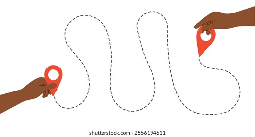 Travel destination concept. Two location pins in human hands and travel route between them. GPS point navigation. Flat style illustration.