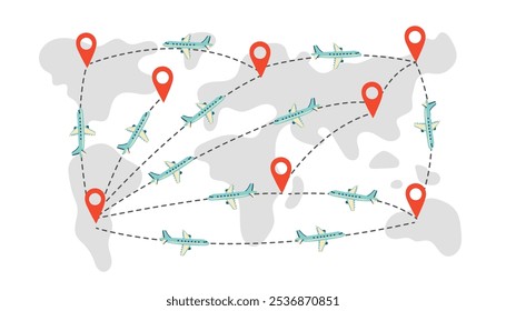 Travel destination concept. World map with travel dectinations and airplanes. Flat style illustration.