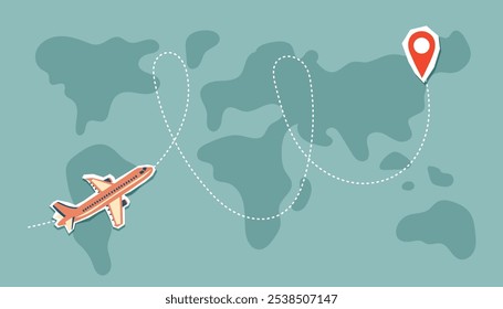 Travel destination concept. World map with airplane and travel destination point. Flat style illustration.