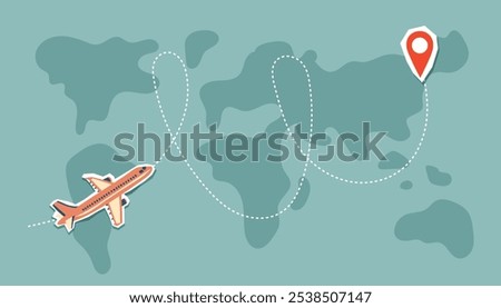 Travel destination concept. World map with airplane and travel destination point. Flat style illustration.