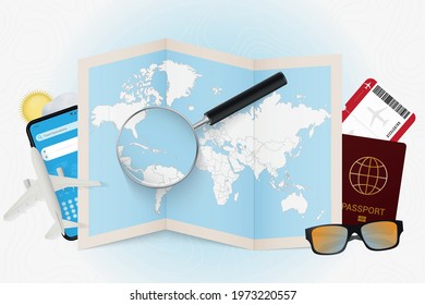 Travel destination Dominican Republic, tourism mockup with travel equipment and world map with magnifying glass on a Dominican Republic. Trip template.