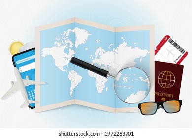 Travel destination East Timor, tourism mockup with travel equipment and world map with magnifying glass on a East Timor. Trip template.