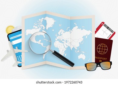 Travel destination El Salvador, tourism mockup with travel equipment and world map with magnifying glass on a El Salvador. Trip template.