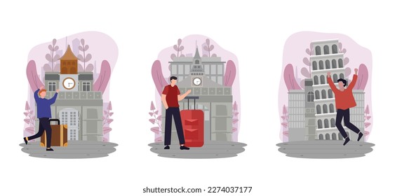 Ilustración de diseño de paquete plano de destino de viaje