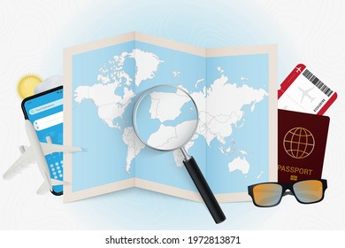 Travel destination Gibraltar, tourism mockup with travel equipment and world map with magnifying glass on a Gibraltar. Trip template.