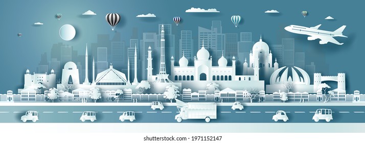 Travel destination landmarks Pakistan city modern and ancient architecture, Tour landmark islamabad city with truck in panoramic cityscape popular capital, Origami paper cut style.