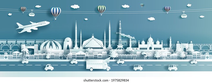 Travel destination landmarks Pakistan with truck, cable car, balloons and airplane, Tour landmark islamabad city with truck and train in panoramic cityscape popular capital, origami paper cut style.