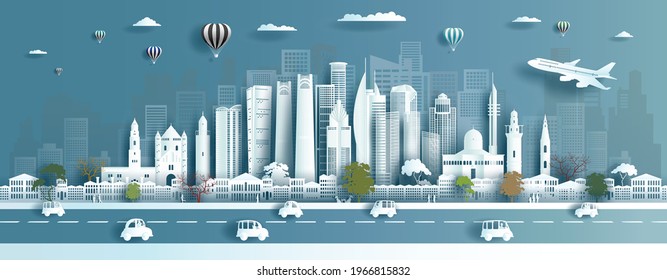 Travel destination landmarks State of Israel city modern and ancient architecture, Tour landmark Tel Aviv and Jerusalem city with panoramic cityscape popular capital, Origami paper cut style.