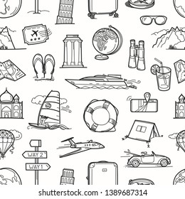 Travel destination linear style vector seamless background