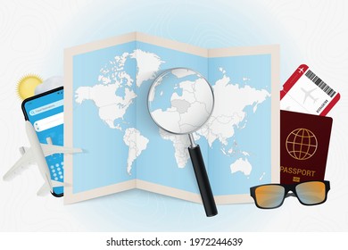Travel destination Lithuania, tourism mockup with travel equipment and world map with magnifying glass on a Lithuania. Trip template.
