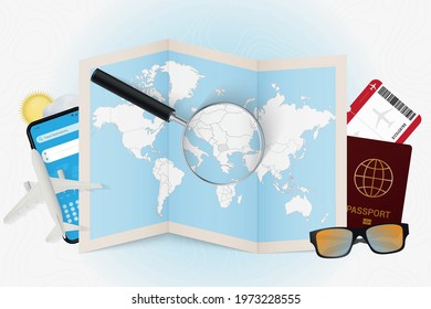Travel destination Macedonia, tourism mockup with travel equipment and world map with magnifying glass on a Macedonia. Trip template.