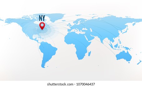Travel destination New York concept. International journey. Red pointer on blue world map, with paths to one point. Vector illustration