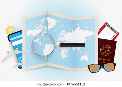 Travel destination Panama, tourism mockup with travel equipment and world map with magnifying glass on a Panama. Trip template.