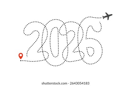 Travel Destination Path With Airplane Drawing 2026 In Flight Line. Perfect For Tourism Projects, Trip Concepts, Journey Planning, And Flight Booking Promotions. Vector Illustration.