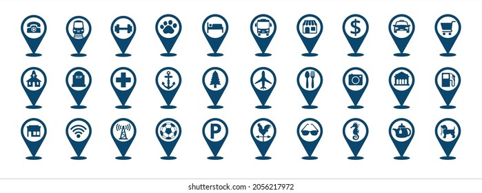 Travel and destination pin icon set. Map pin marker in the city facility icons set. Contain location of farm, seafood market and restaurant, museum, park, soccer, gas station and more