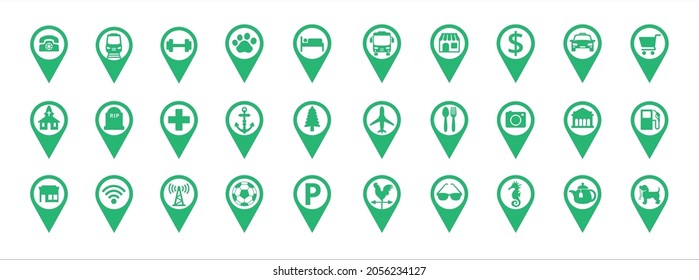 Travel and destination pin icon set. Map pin marker in the city facility icons set. Contain location of farm, seafood market and restaurant, museum, park, soccer, gas station and more